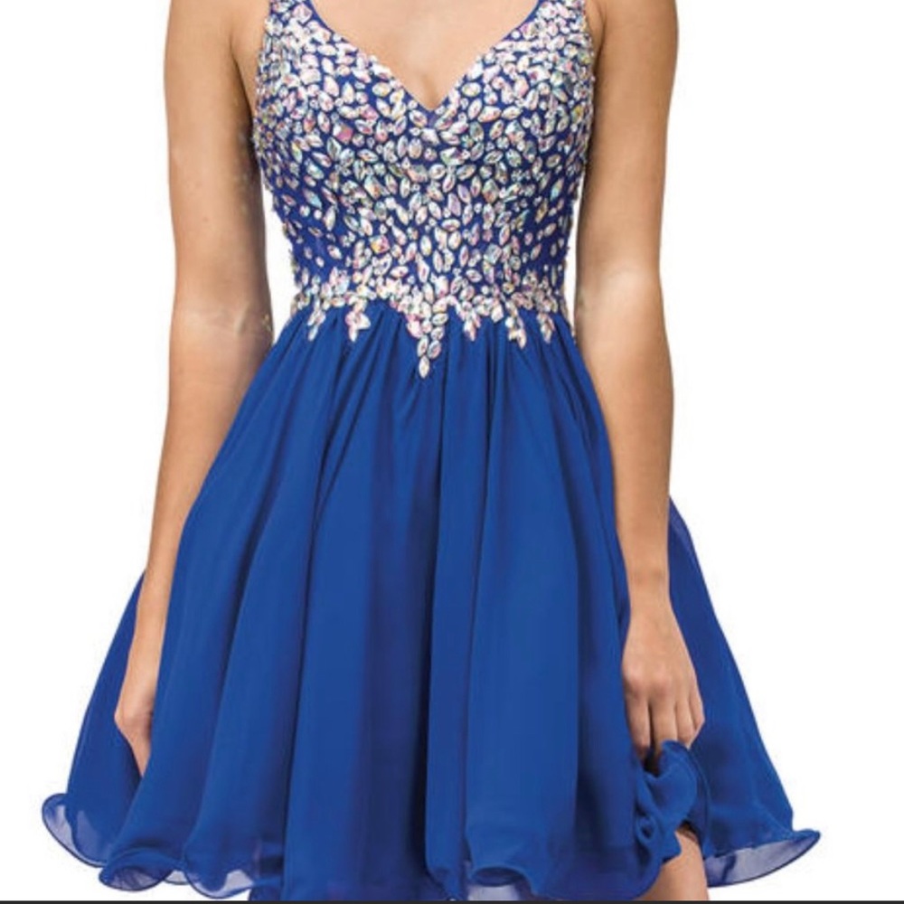 Dancing Queen cobalt Blue and gem encrusted ruffle hem prom dress style 8997